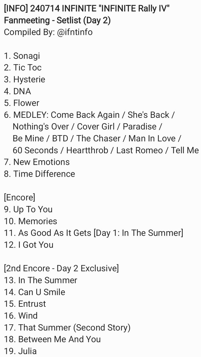 ifntinfo's tweet photo. [INFO] 240714 INFINITE "INFINITE Rally IV" Fanmeeting - Setlist (Day 2)

Start - 4:01pm
End - 8:15pm

#인피니트 https://t.co/HG7z1oPcY5