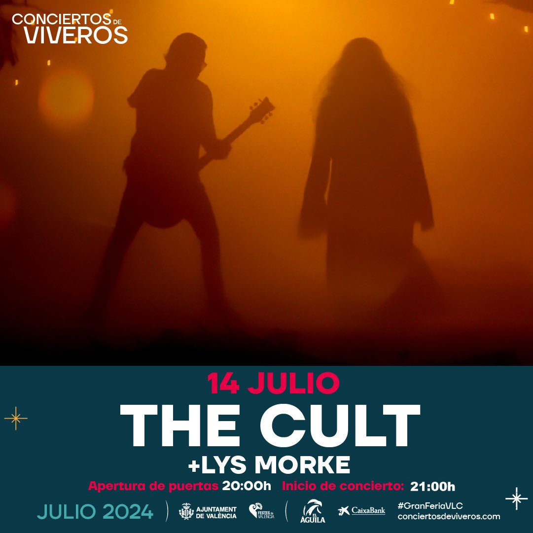 Hoy la gran banda de rock británica THE CULT con todas las entradas agotadas

Horarios
20 h Apertura de puertas
21 h Artista invitada:  Lys Morke
22 h THE CULT

Cena en nuestra zona Gastro Food Trucks

<a href="/GranFeriaVLC/">Gran Feria de Valencia #GranFeriaVLC</a>