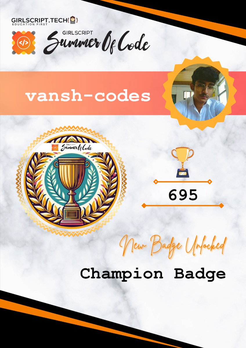 VanshChaurasiy4's tweet image. I am thrilled to announce that I am honoured with Champion Badge for my contributions in the GSSoC&apos;24 and many more to come yet!
Huge thanks to GSSOC for this event, it&apos;s an incredible learning journey 🎉
#gssoc #girlscript #gssocbadge #opensource #opensource #gssoc24 #champion