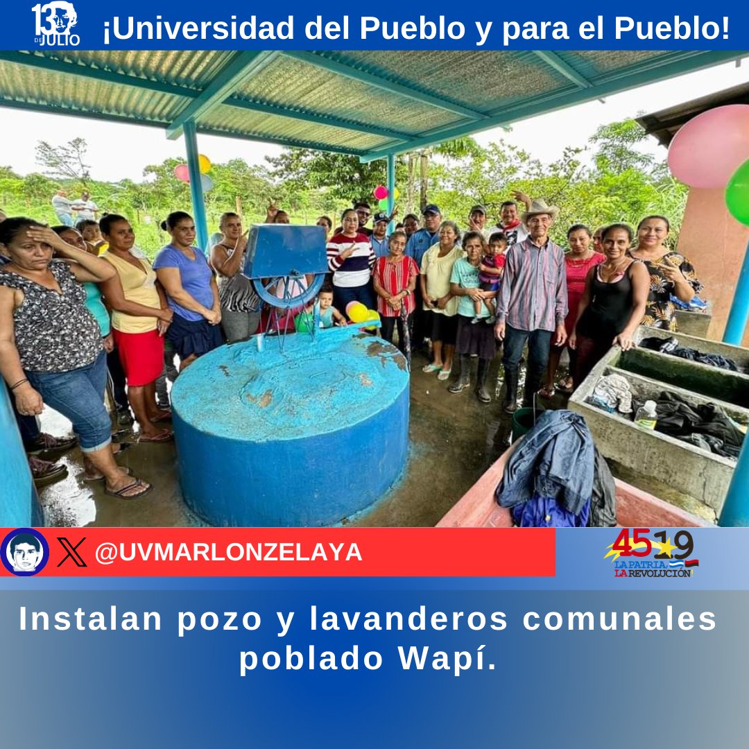 El gobierno del FSLN y la alcaldía de El Rama inauguraron un pozo en Wapy, barrio Ismael Castillo. Incluye lavanderos, techo y baños y ha sido recibido con entusiasmo por las familias de la comunidad.
#4519SiempreMásAllá #4519LaPatriaLaRevolución 
 #SoyCSM #SomosUNAN