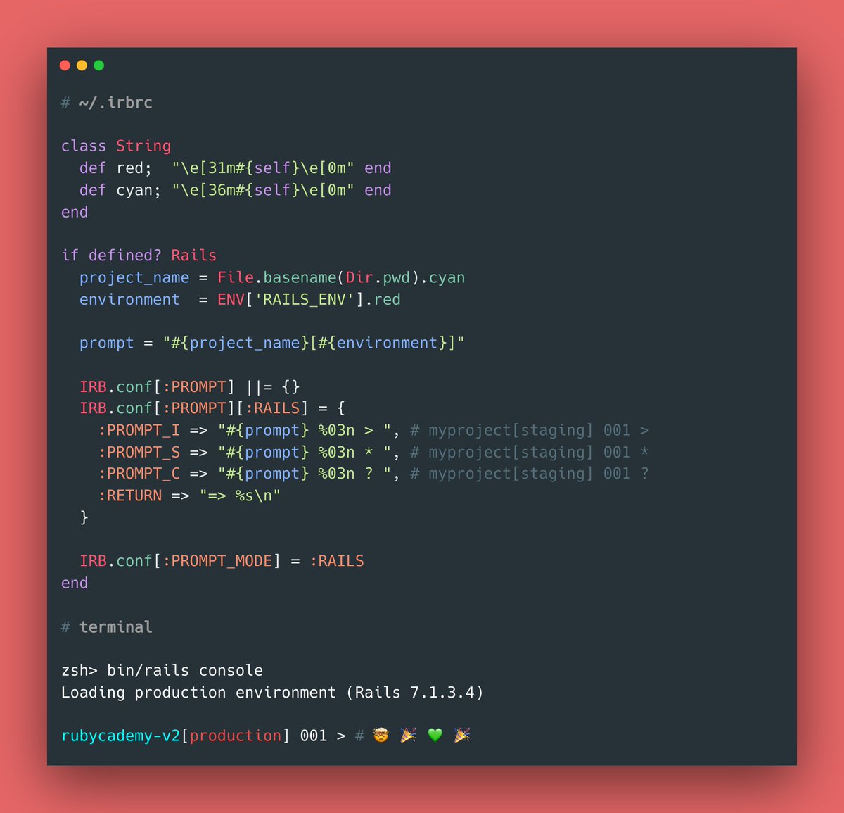 RubyCademy's tweet image. ✨ RAILS PRO TIPS ✨
Customize your Rails Console Prompt to help you safely navigate between your different projects and environments! ✨💫
#rubyonrails #railsconsole #irb