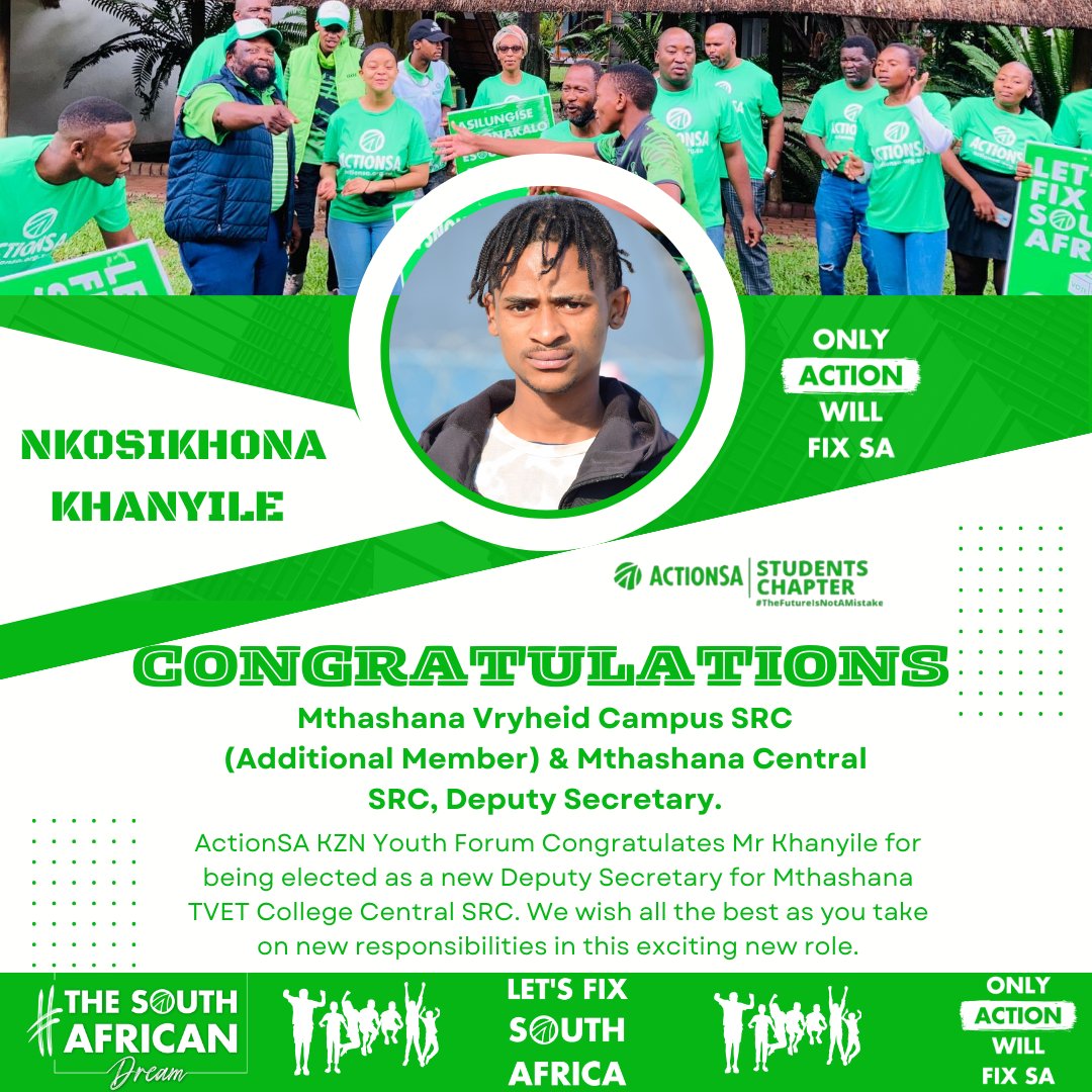 ActSA_Newcastle's tweet photo. @ActSA_KZN_Youth would like to congratulate our SRC member at Mthashana TVET, Vryheid Campus NJ Khanyile, for being elected as the new Mthashana CSRC, Deputy Secretary💚

We have no doubt that you will bring fresh perspectives and ideas to the table. We wish you all the best💯👌 https://t.co/nb6GPWgSVj