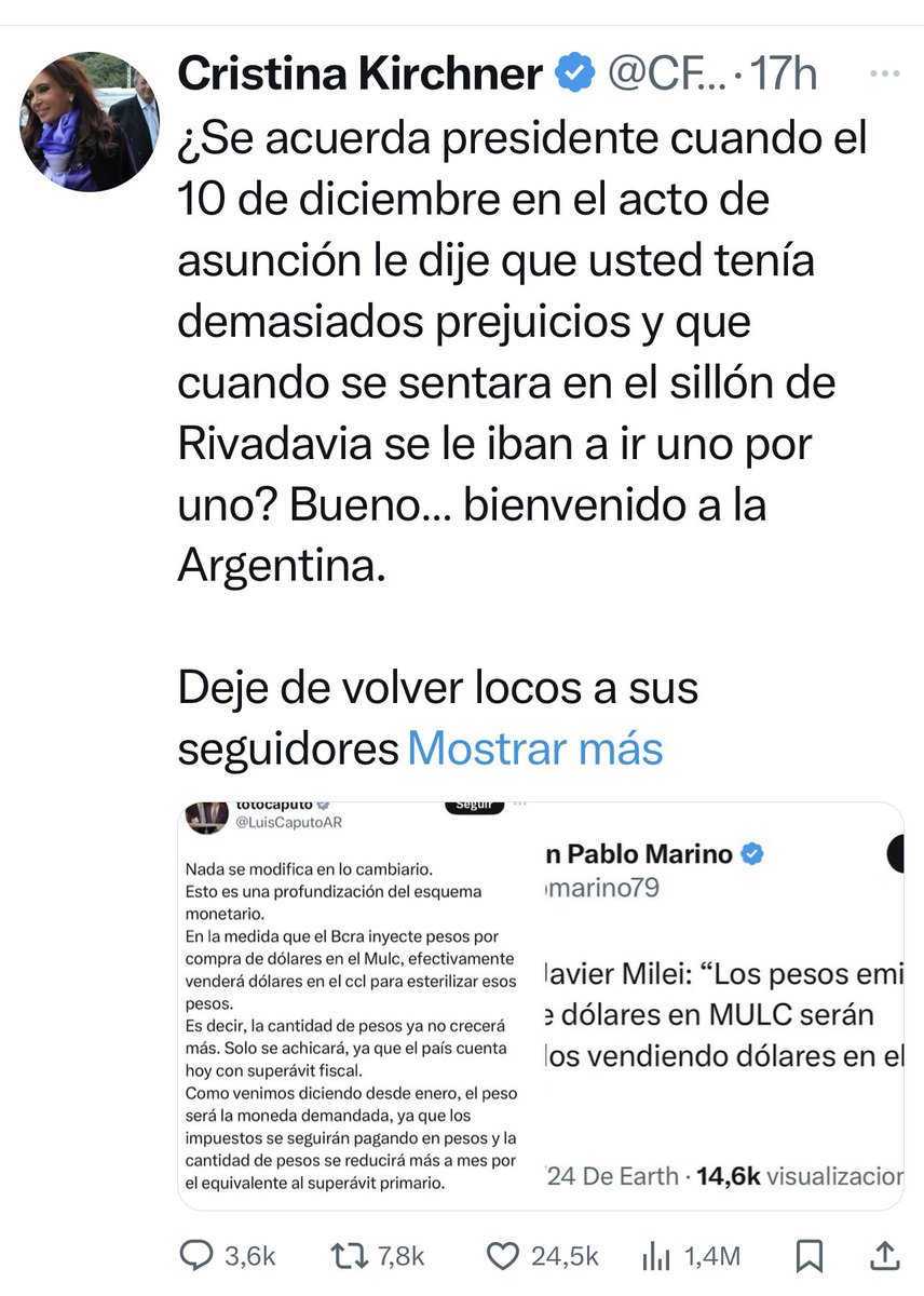 En lugar de querer dar lecciones de política económica al Presidente <a href="/JMilei/">Javier Milei</a>, <a href="/CFKArgentina/">Cristina Kirchner</a> debiera reconocer que la “desacumulacion” de reservas, comenzó en 2010,al manotear
dolares del <a href="/BancoCentral_AR/">BCRA</a>, como si le pertenecieran. Resultado: #sinreservas y creadora del cepo.