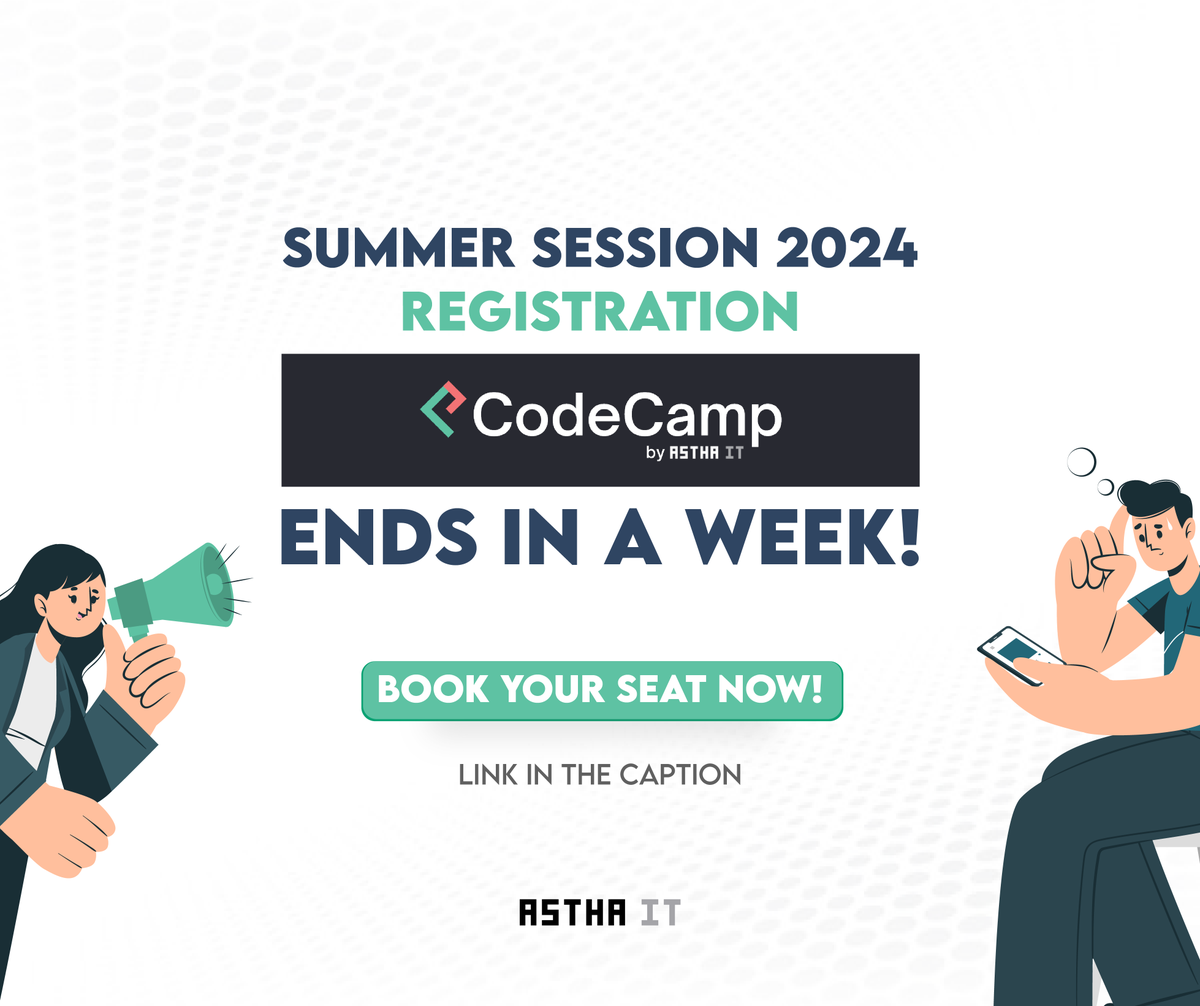 AsthaIT's tweet image. Summer 2024 registration for CodeCamp, flagship academy and bootcamp program by Astha IT is already going on and it ends in a week!

Seats are limited!

Register here: codecamp.asthait.com

#AsthaIT #CodeCamp #Coding #Career