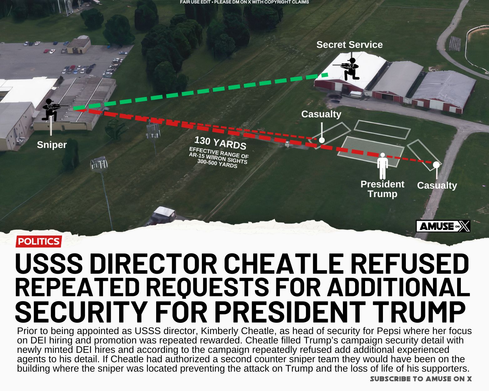 Prior to being appointed as USSS director, Kimberly Cheatle, as head of security for Pepsi where her focus on DEI hiring and promotion was repeated rewarded. Cheatle filled Trump’s campaign security detail with newly minted DEI hires and according to the campaign repeatedly refused add additional experienced agents to his detail. If Cheatle had authorized a second counter sniper team they would have been on the building where the sniper was located preventing the attack on Trump and the loss of life of his supporters.