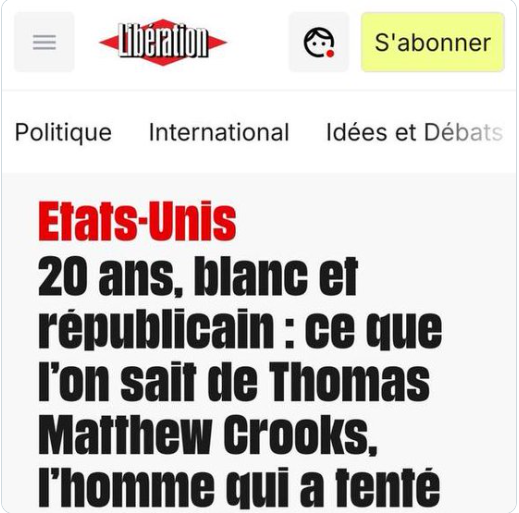 Waspnano5's tweet photo. La réalité de ce que l'on sait sur le tireur et les mensonges de Libération.
Un républicain qui donne pour les démocrates US, déduction logique du gauchiste de base, noyé dans le déni. https://t.co/OwpTyN5o8g