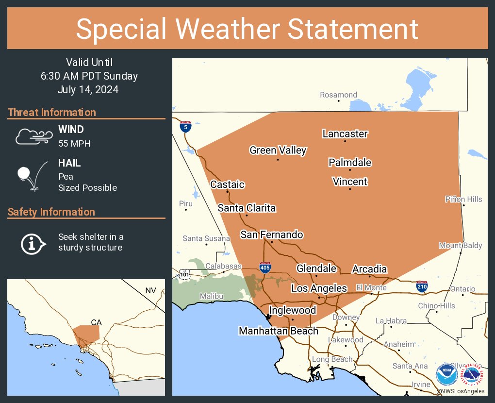 NWSLosAngeles's tweet photo. A special weather statement has been issued for Los Angeles CA, Glendale CA and  Santa Clarita CA until 6:30 AM PDT https://t.co/qHpSVo6qes