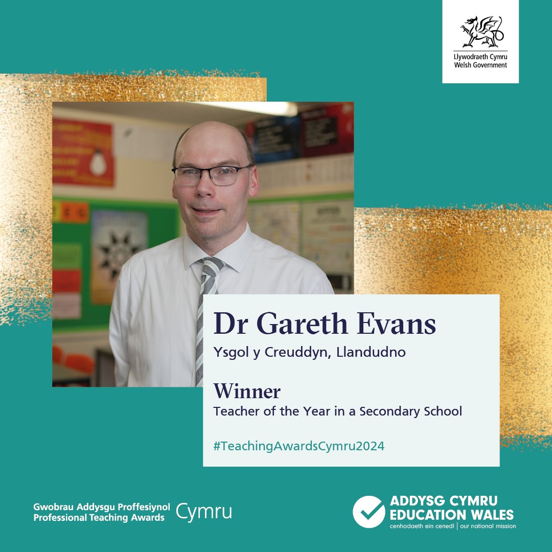 WG_Education's tweet photo. It’s time to announce the Teacher of the Year in a Secondary School…

Congratulations to Dr Gareth Evans! @ysgolycreuddyn 👏

💬 “Dr Gareth Evans is a pioneer in his profession.”

#TeachingAwardsCymru2024

@gwegogleddcymru
@ConwyCBC https://t.co/fNsTPcfYEb