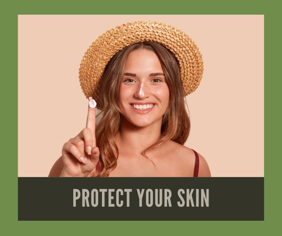 Protect your skin from the sun's harmful rays by applying sunscreen with a high SPF before heading outside. Wear protective clothing, a wide-brimmed hat, and sunglasses to shield yourself from the sun.