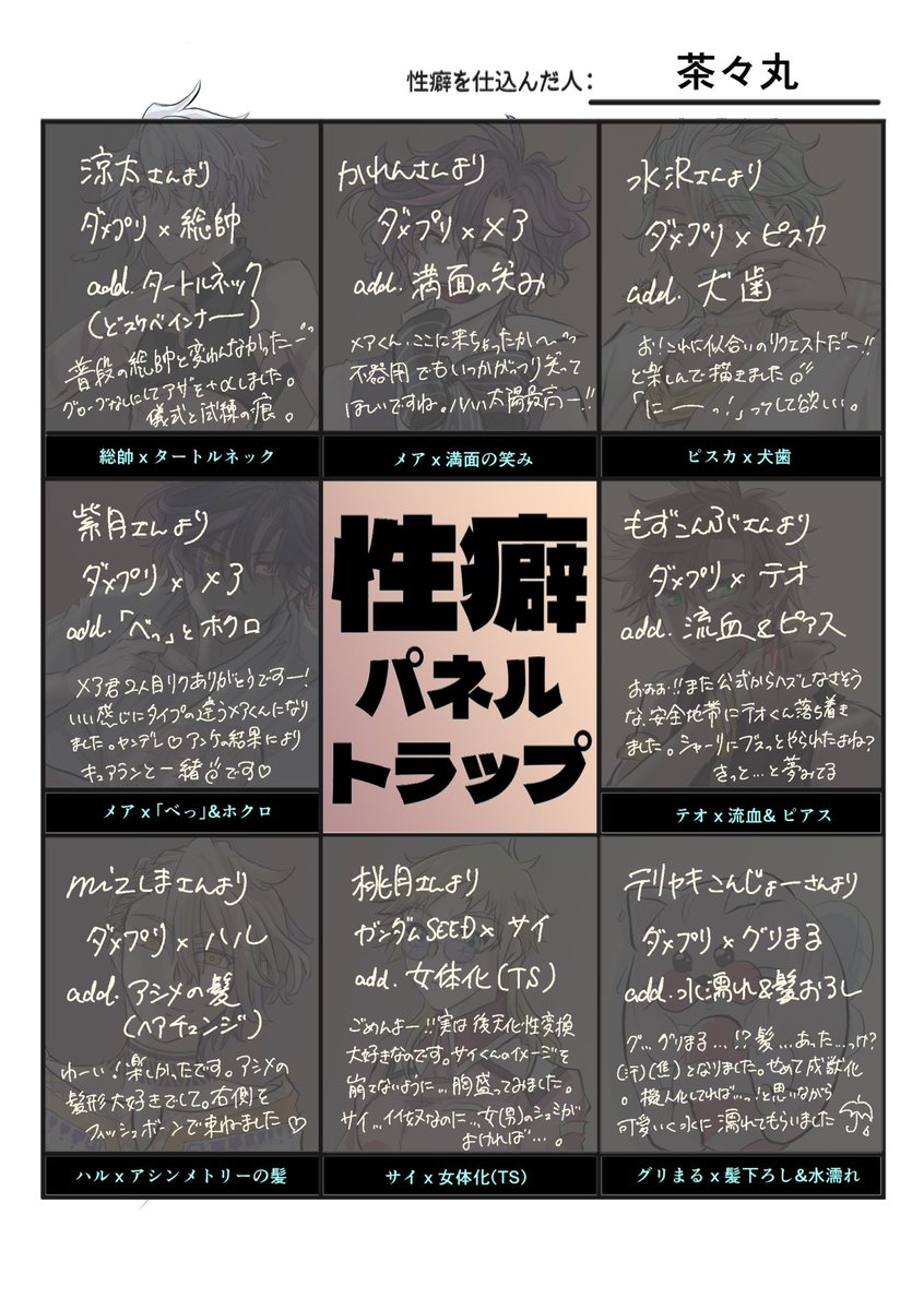 cha606's tweet photo. #性癖パネルトラップ

お待たせ致しました。キャラリクエスト下さった皆様ありがとうございます。お口に合うと嬉しいのですが…。どれもコレもシメシメ…と、楽しくお絵描きさせて頂きましたー！入れ墨！そばかす！多分忘れ物ないはずです。です！
お付き合いありがとうございましたー！ https://t.co/xil8P9ySQJ