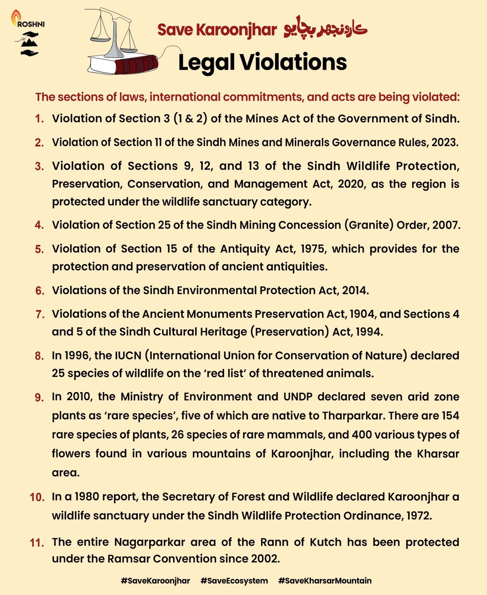 Roshnipub's tweet image. Here are the sections of laws, international commitments, and acts being violated, along with a detailed timeline of the legal battle to save the Karoonjhar range from illegal granite mining (2019-2024).
#SaveKaroonjhar
#Saveecosystem 
#SaveKharsarMountain