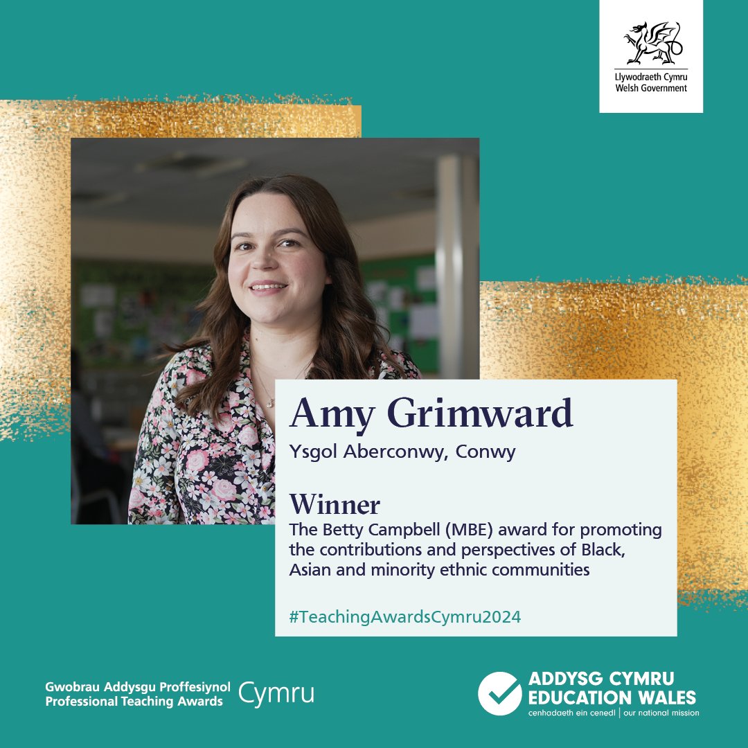 It’s time to announce the winner of the Betty Campbell MBE Award…

Congratulations to Amy Grimward of <a href="/ysgolaberconwy/">YsgolAberconwy</a> ✨

💬 “She has a genuine empathy for her students’ wellbeing and is willing to educate everyone to become better citizens.”

#TeachingAwardsCymru2024