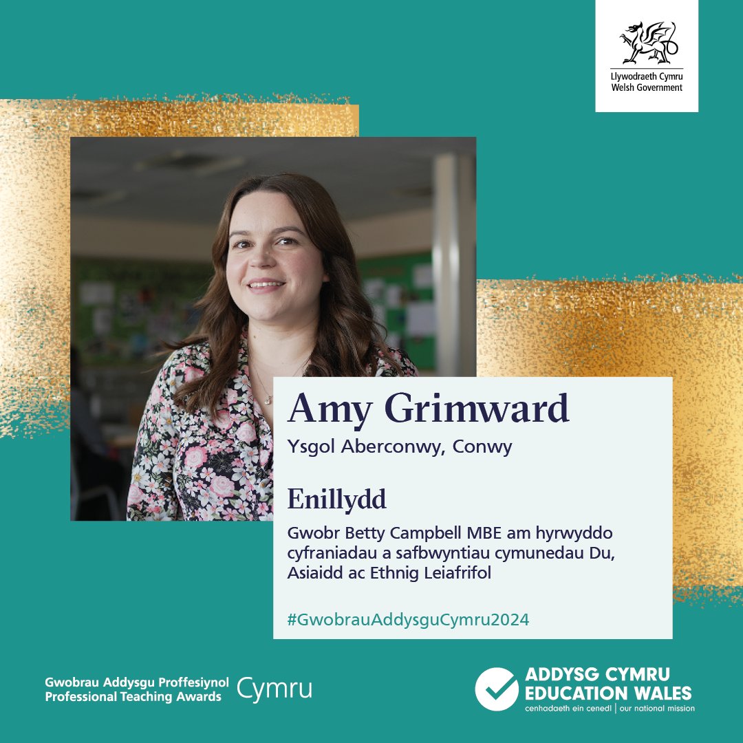 Mae’n bryd cyhoeddi enillydd Gwobr Betty Campbell MBE...

Llongyfarchiadau i Amy Grimward o <a href="/ysgolaberconwy/">YsgolAberconwy</a> ✨

💬 “Mae ganddi empathi gwirioneddol ar gyfer llesiant ei myfyrwyr ac mae hi’n barod i addysgu pawb i ddod yn ddinasyddion gwell.”

#GwobrauAddysguCymru2024