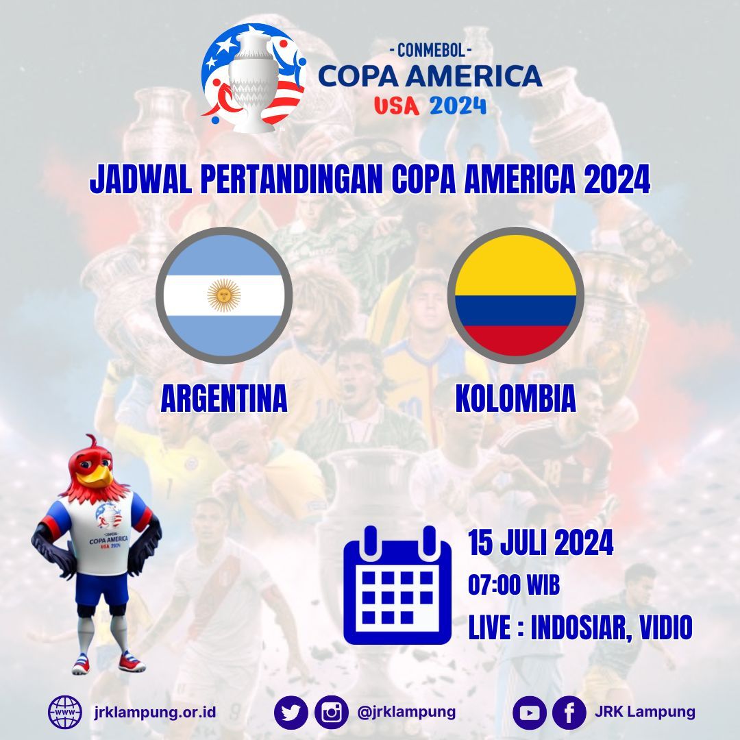Jadwal Final Copa America 2024

Argentina vs Kolombia      

15 Juli 2024 (07:00)

Live  Indosiar &amp; Vidio

#copaamerica
#football
#sepakbola
#jrklampung
#jrkl
#lampung
