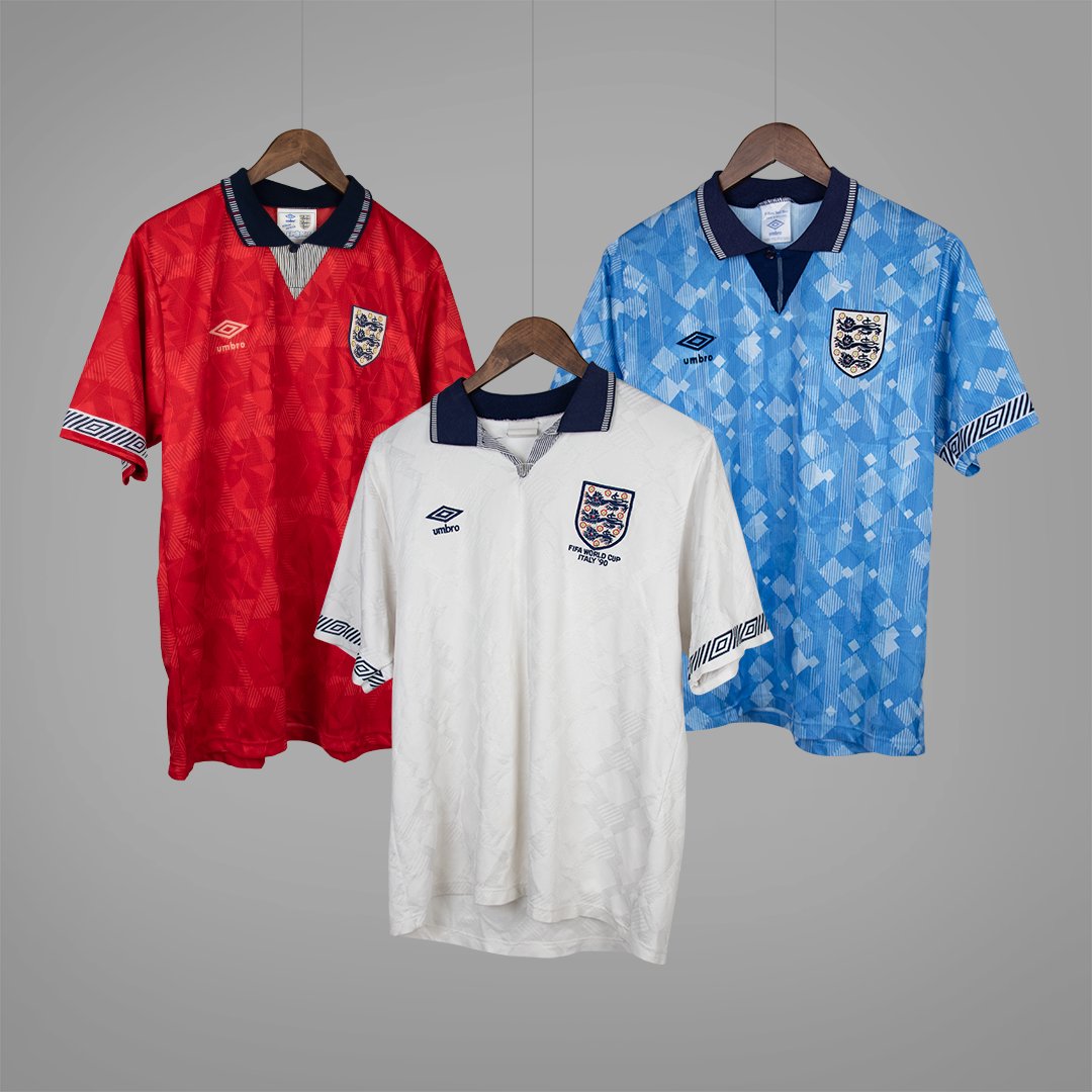 Classic Football Shirts X England 1990 Collection Unfortunately we only got to see the home shirt worn at Italia 90 Is this the holy trinity of England shirts https t HLLxPcj5ET