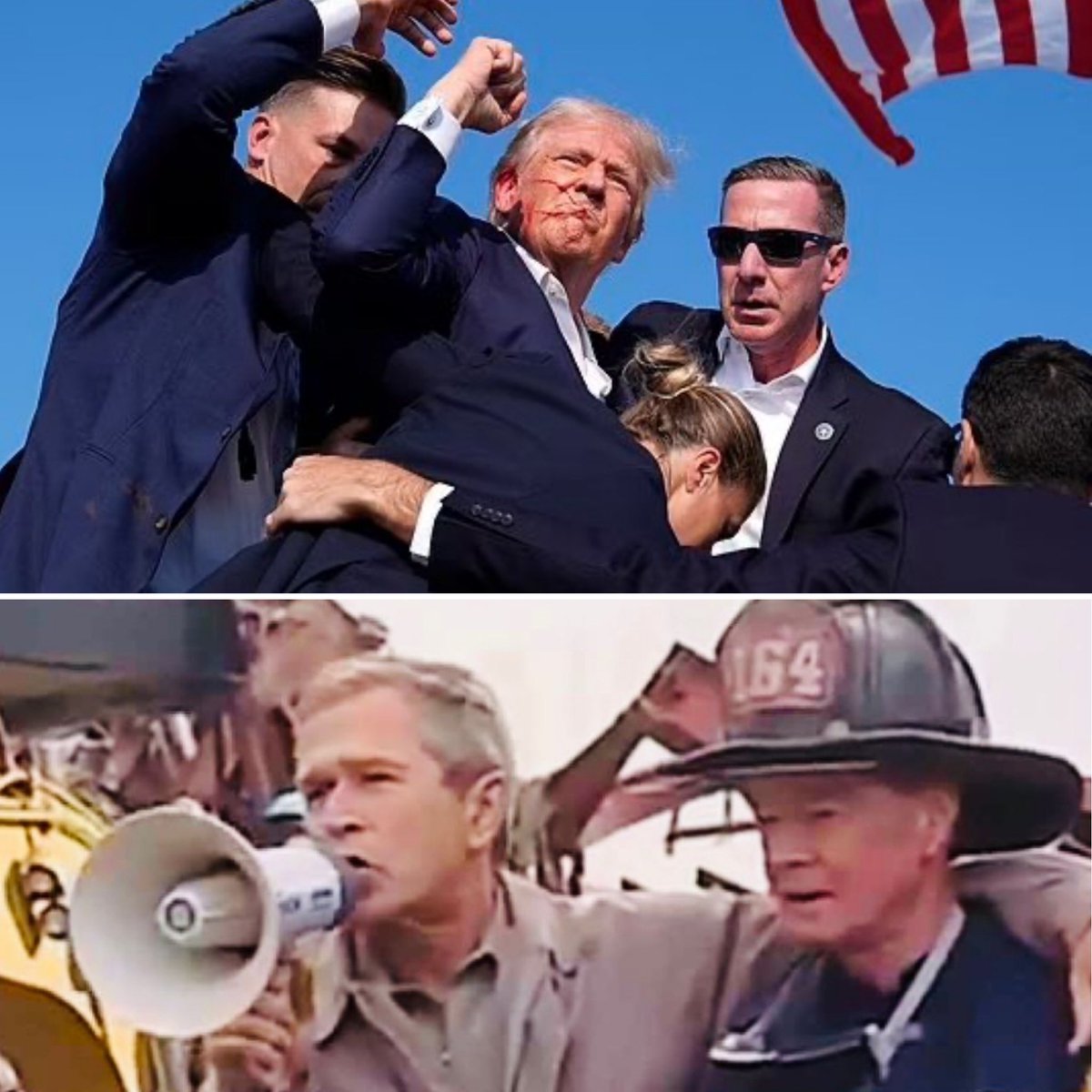 President Trump’s fist pump and President Bush’s bullhorn — iconic photos of strength in moments of crisis. #usa #strength #trumpshooting