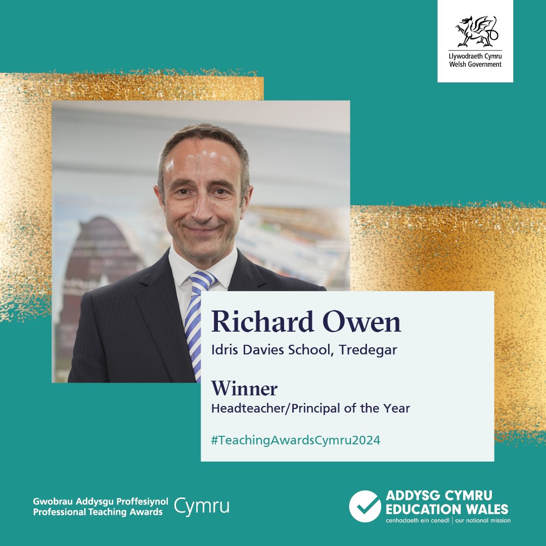 We are thrilled to announce the winner of Headteacher/Principal of the year award!

Congratulations to Richard Owen from <a href="/IDS3to18/">Idris Davies School 3_18</a>

💬  “Richard is committed and hardworking and the ultimate and utmost professional”

#TeachingAwardsCymru2024

<a href="/CaerphillyCBC/">CaerphillyCBC</a>
<a href="/sewalesEAS/">EAS</a>