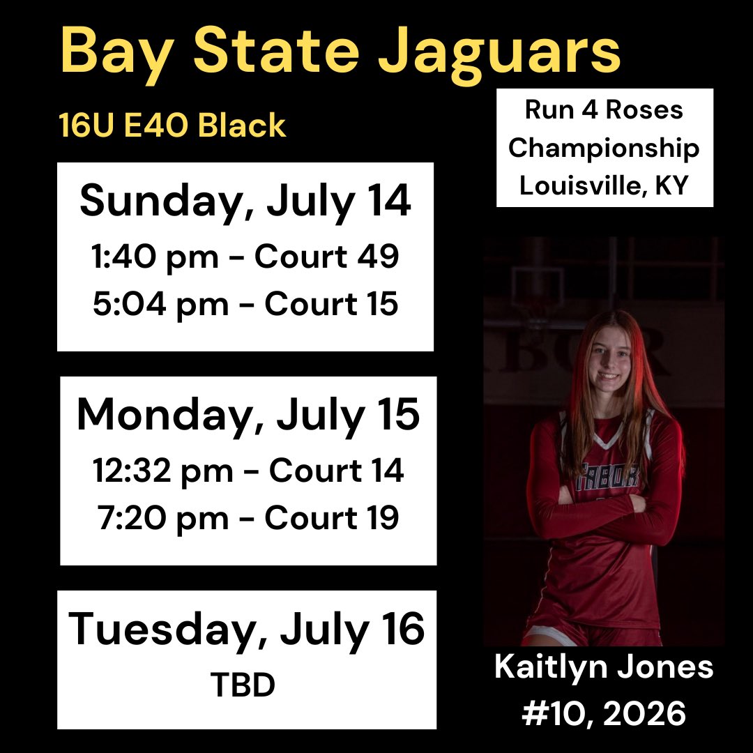 Here’s my schedule for the Run 4 Roses Championship! Let’s go Jags!!💛🖤<a href="/BayStateJags/">Bay State Jaguars</a>