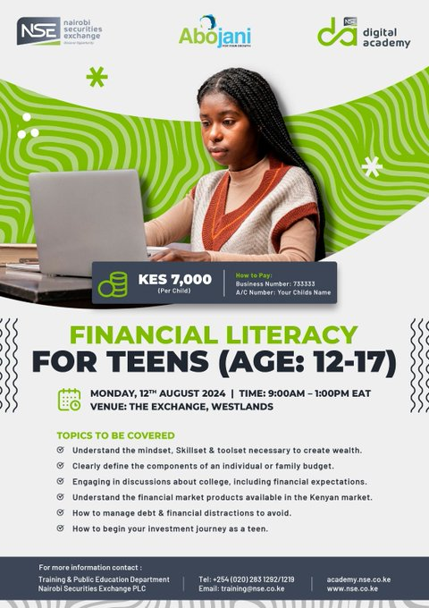 1⃣1⃣Are you a parent or guardian of a teen aged 12-17?

Equip your child with essential financial skills at the <a href="/Theabojani/">Abojani Investment 🇰🇪🇺🇬🇹🇿</a> &amp; <a href="/NSE_Plc/">NSE PLC</a> Financial Literacy Workshop!

The workshop will be held on Monday, August 12th, 2024 from 9:00 AM to 1:00 PM EAT at The Exchange in Westlands.
