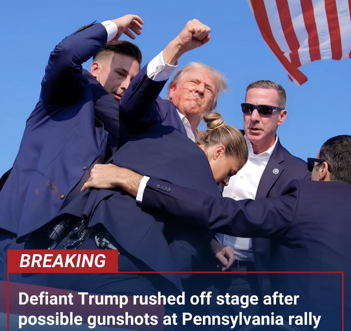 americanheroe's tweet photo. 🚨Defiant Trump rushed of stage after possible gunshots at Pennsylvania rally

Always fighting 
Never give up🚨🇺🇸🚨 https://t.co/68SKd9pwdL