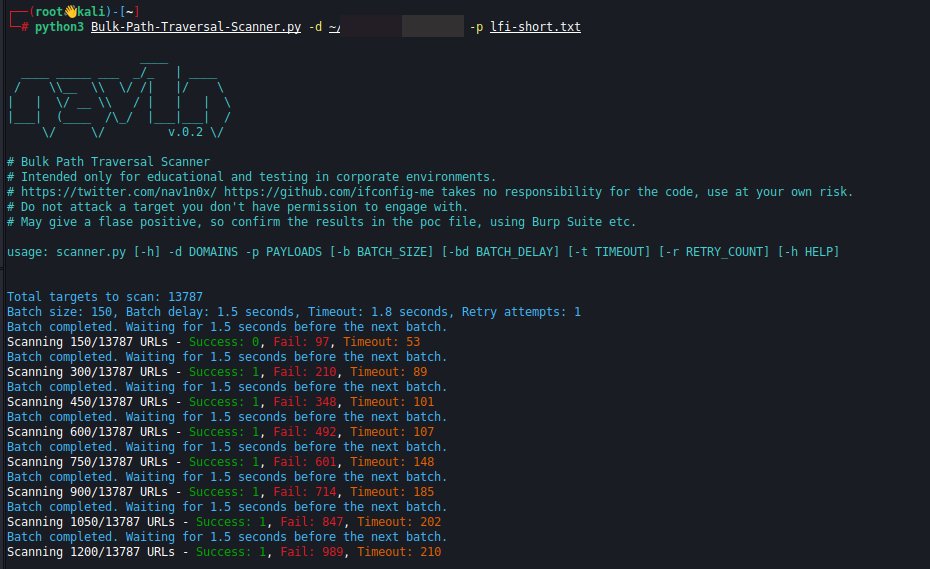 __nav1n_'s tweet photo. Check out my Bulk Path Traversal Scanner on GitHub! It's a simple tool with settings for batch size, delay, timeout, and retry attempts. It shows the successful url and auto-saves vulnerable endpoints to an external file with PoC. Feed it your list and go to sleep. #BugBounty https://t.co/Y2qNCDqyT5