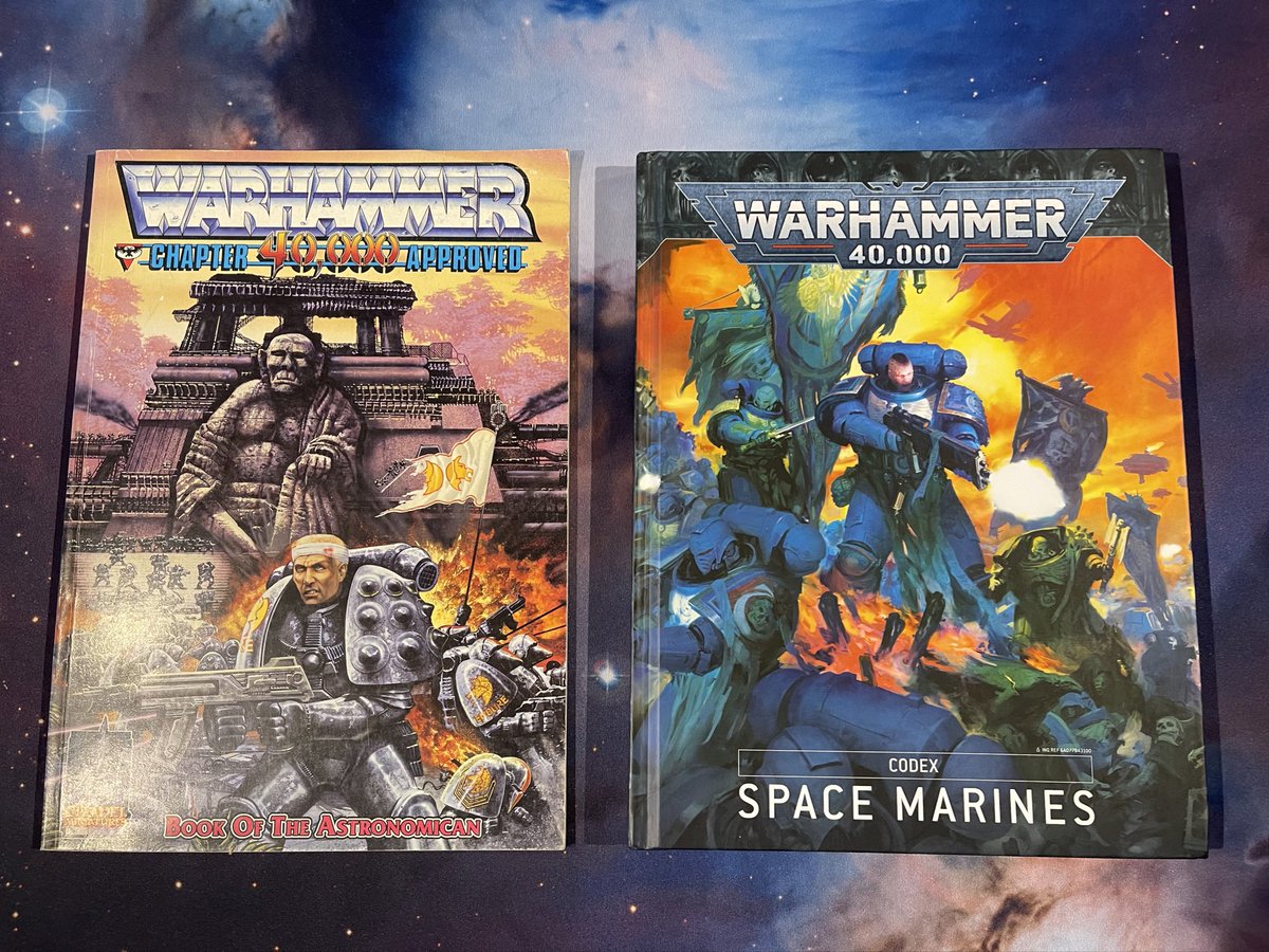 cr0nin's tweet photo. Girlfriend picked up #wh40k 2020 Codex for me from a charity shop this weekend because she is 100% a keeper. Compared it to 1988 #chapterapproved. The physical quality is noticeably better but the layout and content isn’t that much different. Might explain the lasting success. https://t.co/kfmnJuWkry