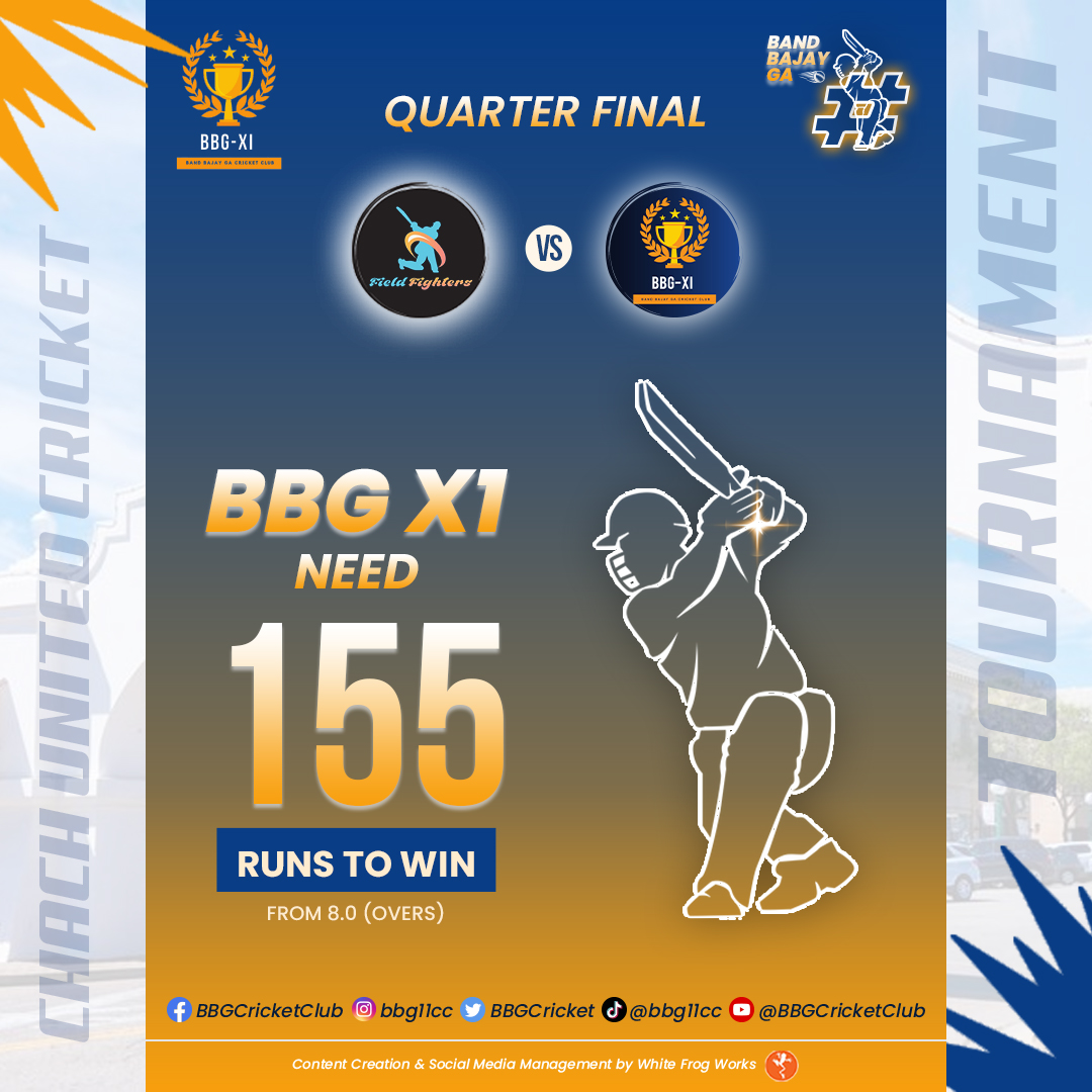 BBGCricket's tweet photo. "The target is set: BBG Team needs 155 runs in 8 overs to win against Field Fighters. Time to go big! 💪🏏 #BBGCricket #MatchChase"

#bandbajayga #cricket #tournament #cricketmatch 🏏#cricketfever #cricketworldcup #chachunitedcrickettournament #CUCT #t20worldcup24🏆 https://t.co/R5xlzYgiQn