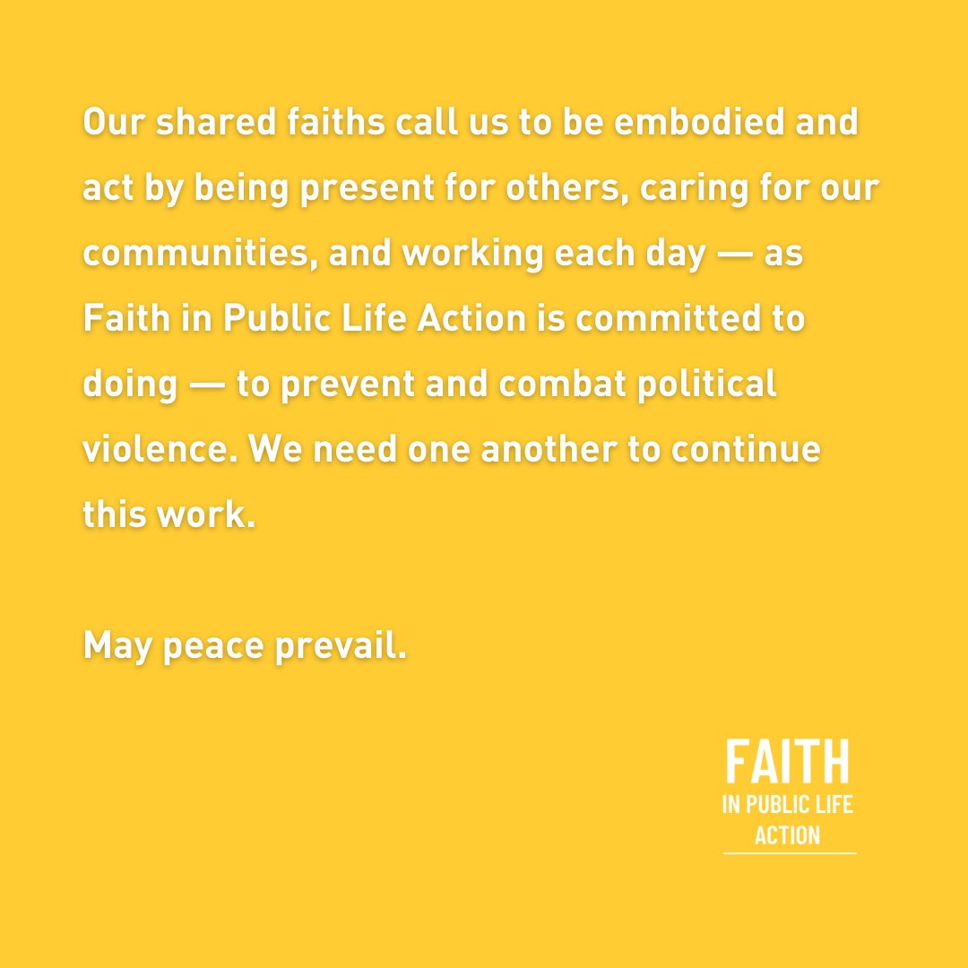 FPLaction's tweet photo. Violence has no place in our democracy.

Our prayers and our actions can and will protect our democracy, elections, and each other.

Faith leaders have always led the work of building peace. Together, lets continue our holy traditions of peacemaking.May peace prevail. https://t.co/nKNYCXGAww