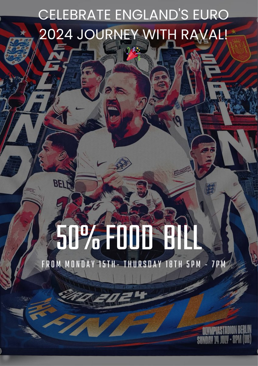 ravalrestaurant's tweet photo. 🎉 Join the celebration at Raval for England's Euro 2024 journey! 🏴⚽️

🌟 Special Offer: Get 50% off your à la carte food bill if England wins! 🏆

🇬🇧 If not, enjoy 25% off!

🔗 Book online &amp; mention 'Euro 2024'!

#Euro2024 #Newcastle #nufcfans @stevewraith #RavalRestaurant https://t.co/17H3bFqS4s