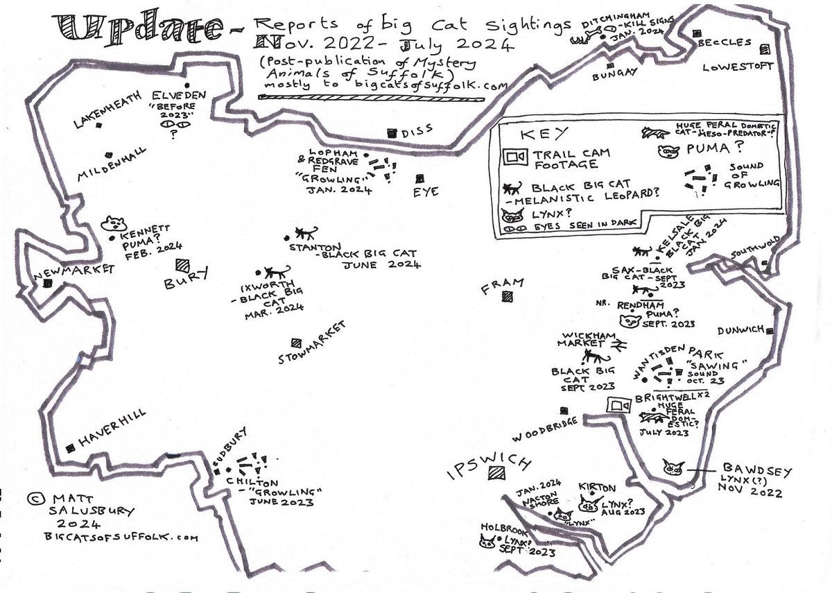 My map with an update on reports of big cat sightings and around #Suffolk since the publication of Mystery Animals of Suffolk. It covers the period October 2022 to the most recent report in June 2024.