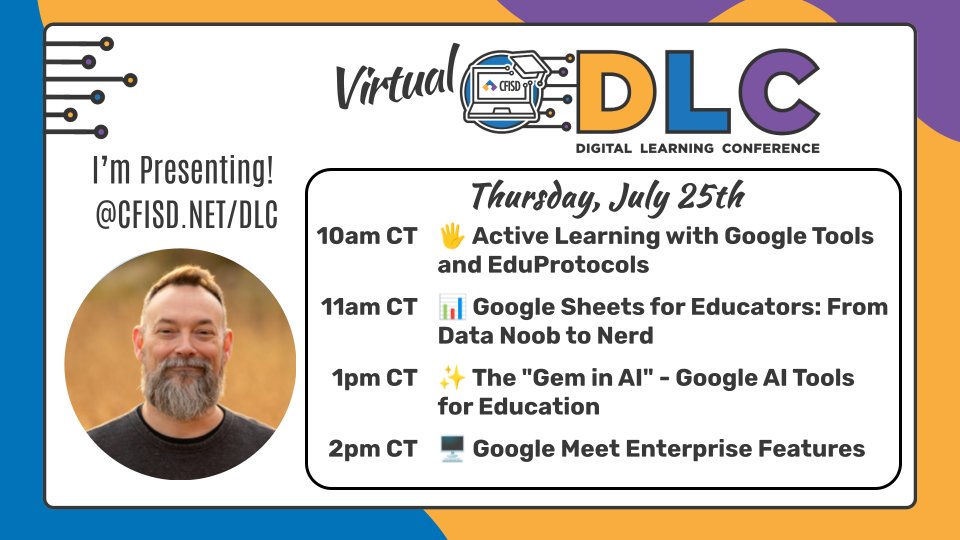 ericcurts's tweet photo. 🌞 Wrap up the summer with free virtual #EdTech PD - https://t.co/qhceMj33f0

🗓️ July 24 &amp; 25
🖐️ Active Learning with EduProtocols
📊 Google Sheets for Educators
✨ Google AI Tools for Education
🖥️ Google Meet Enterprise Features

#cfisddlc @CyFairEdTech https://t.co/McwNVSFpg9