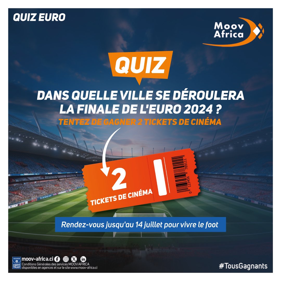 Moovafrica_CIV's tweet photo. Un dernier pour la route ! Participez au dernier quiz sur l'Euro 2024 et gagner des tickets de cinéma !

📢 Deux gagnants seront sélectionnés pour ce dernier quiz !

Pour participer, c'est facile :

Suivez notre compte X.
Aimez et retweetez ce post.
Commentez avec la bonne réponse.
La réponse avec le plus de likes remporte. Bonne chance à tous !

#TousGagnants #Euro2024 #MoovAfricaCoteDIvoire