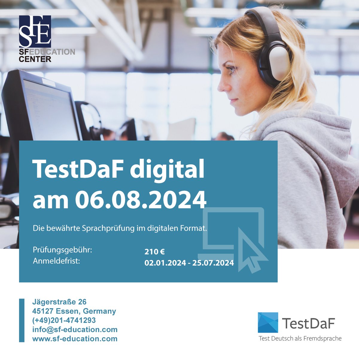 sfecenter's tweet photo. Look! It’s the next date for the digital TestDaF!🤩⁣
⁣
This language test is exactly the right one for you?⁣
⁣
You are still unsure?⁣
⁣
Then write us, we will be happy to answer all your questions.😊⁣
⁣
Your SFE Team💙⁣

[Ad]⁣
⁣#languageexam #languagecourse https://t.co/YJZPvU6sTj