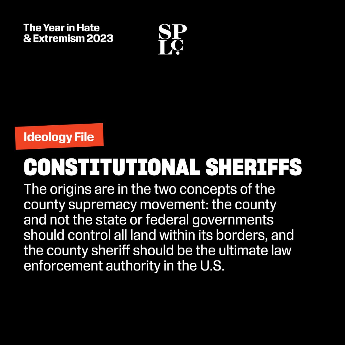 splcenter's tweet photo. A key principle of the constitutional sheriff ideology⬇️

🎯The county should control all land within its borders, with the county sheriff being the ultimate law enforcement authority in the U.S. #YIHE

Access the SPLC's updated #IdeologyFile🔗: https://t.co/CamdRSmdip https://t.co/7FxA0Bu5nV