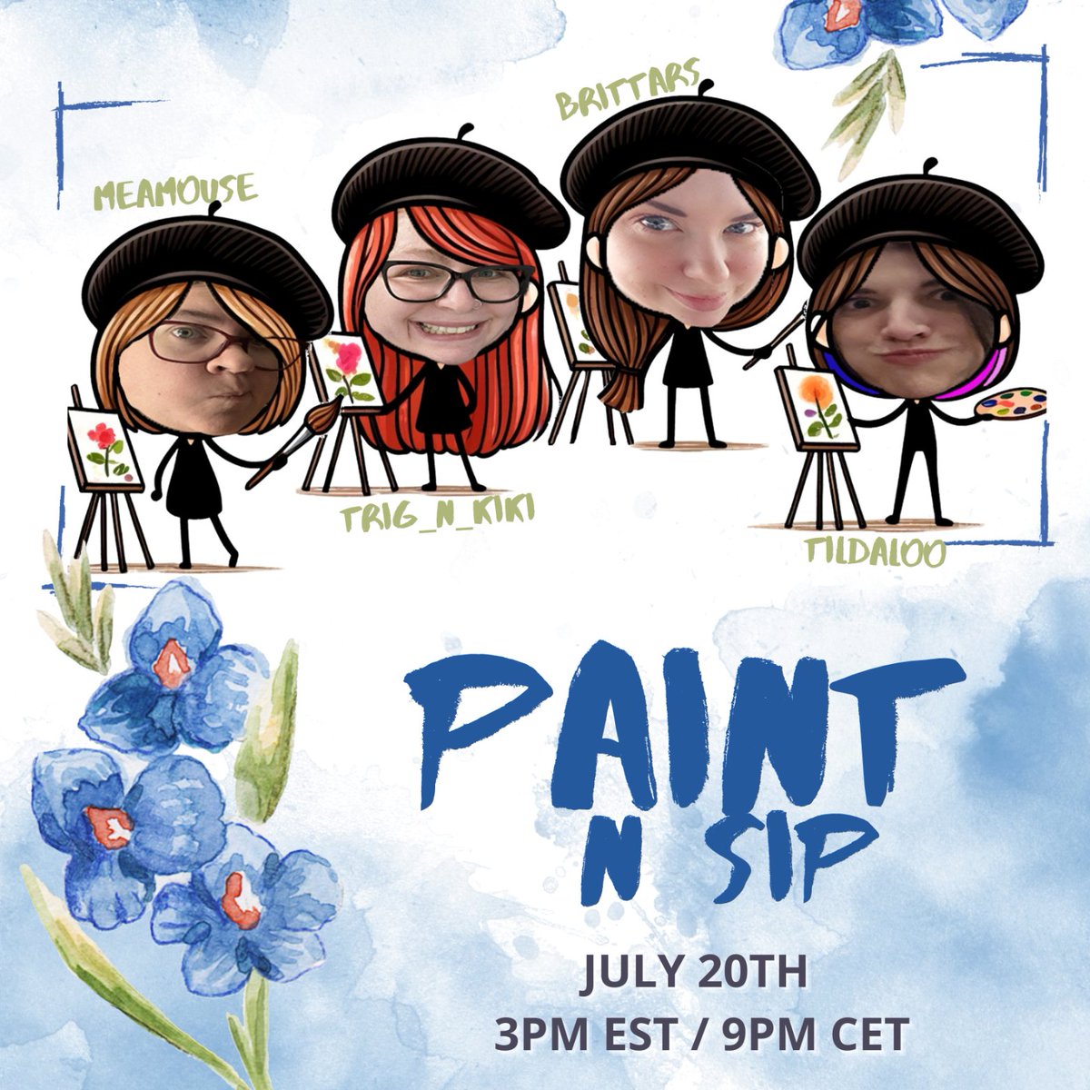 Tildaloo's tweet photo. Ready for a  paint and sip stream? Featuring @Meamouse926 @KikiTrig and @BrittarsTwitch this Saturday at 3pm EST  on https://t.co/tU8hXgzUzk, https://t.co/FznPHH1c7u and https://t.co/Lj1sYSDL1i https://t.co/jko2Wixa4Y