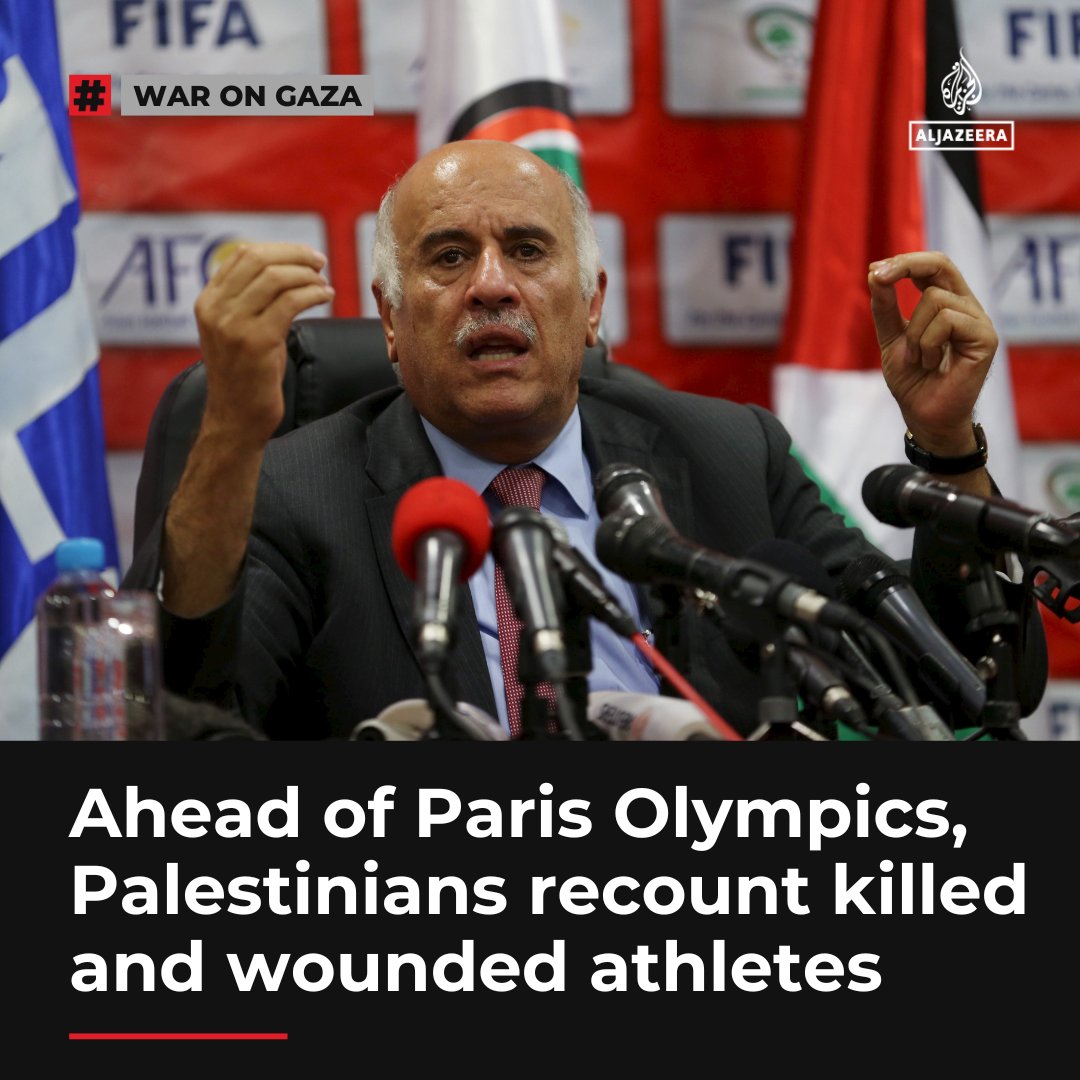AJEnglish's tweet photo. As Palestinians gear up for the Paris Olympics on July 26, Olympic committee head Jibril al-Rajoub says that 400 athletes, coaches and sporting officials in Gaza have been killed or wounded since the start of Israel's war on October 7.

🔴 LIVE updates: https://t.co/2ulIwAqQoa https://t.co/Nrbeu8Vrwm