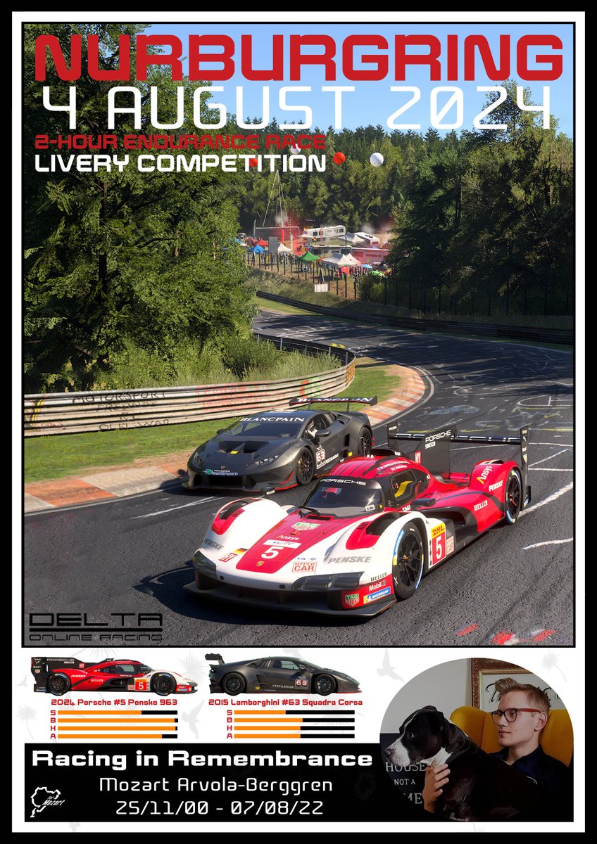 4th of Aug will we hold a race in memory of my son that I lost 2 years ago. The race will be at The Green Hell and will be a 2H race with either 2024 Porsche 963 or 2015 Lambo Huracan GT3. There is also a livery comp with prizes to top 3. More info about that in post below.