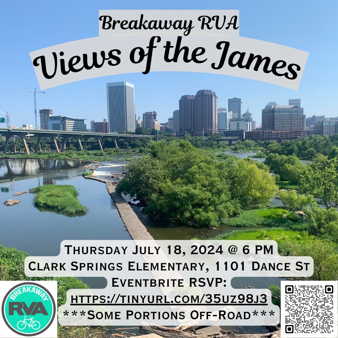 Come check out some of our favorite Views of the James River for this month's ride! Thurs July 18 @ 6PM meet up at Clark Springs Elementary!
**NOTE: helmet &amp; thicker tires highly suggested; there will be hills &amp; some off-roading**
eventbrite.com/e/views-of-the…