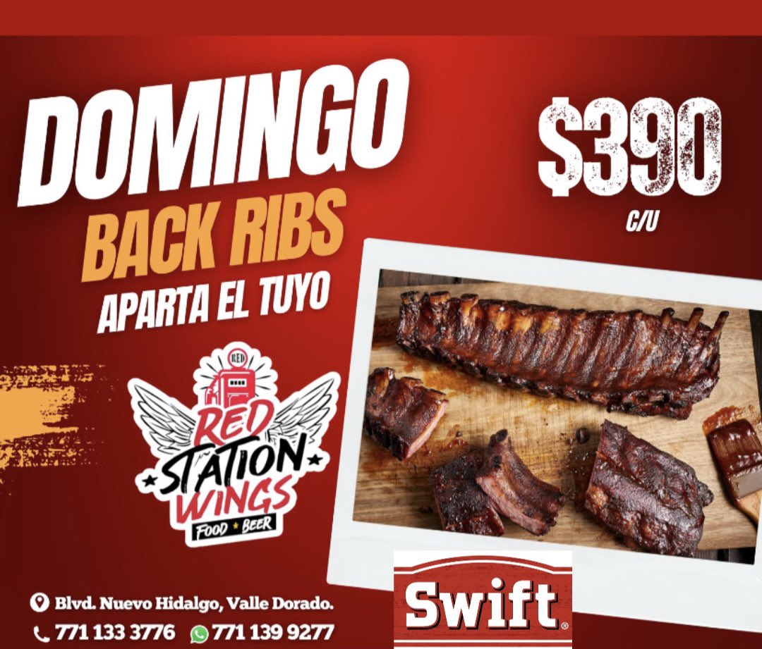 redstationwings's tweet photo. Recuerda que el domingo tenemos back’s Ribs en Red station wings !!! 

Jugoso Costillar de cerdo completo de 1.5kg marca “Swift” en nuestra deliciosa salsa BBQ, acompañado de bollos y elotes de guarnición! 

Recuerda que solo los domingos tenemos nuestras deliciosas Back’s Ribs https://t.co/3KXm0kfBiX