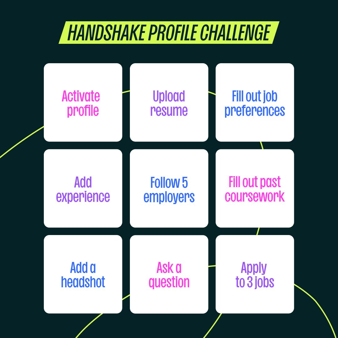 We are excited to welcome new students to Roosevelt! Don't forget to check out Handshake, our online portal for student employment, career advising, and events. Find more information in our bio or at joinhandshake.com. Use this chart to complete one task per day this summer