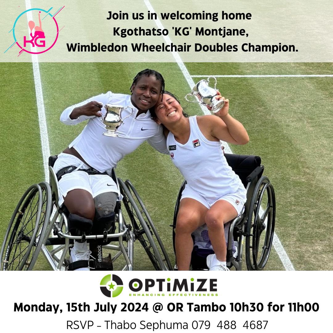 OptimizeAgency's tweet photo. Join us in welcoming home our very own wheelchair tennis star @KGMontjane 🇿🇦🎾❤️🏆 a @Wimbledon Champion!!!! 

@Mahindra_SA @syensqo @airliquidegroup @OttobockSA @AvonSouthAfrica @DunlopSportsSA @Vitality_SA @Discovery_SA @Nike @dunloptennis #Macsteel 

#Wimbledon #Wimbledon2024 https://t.co/yUSh7T3vgS