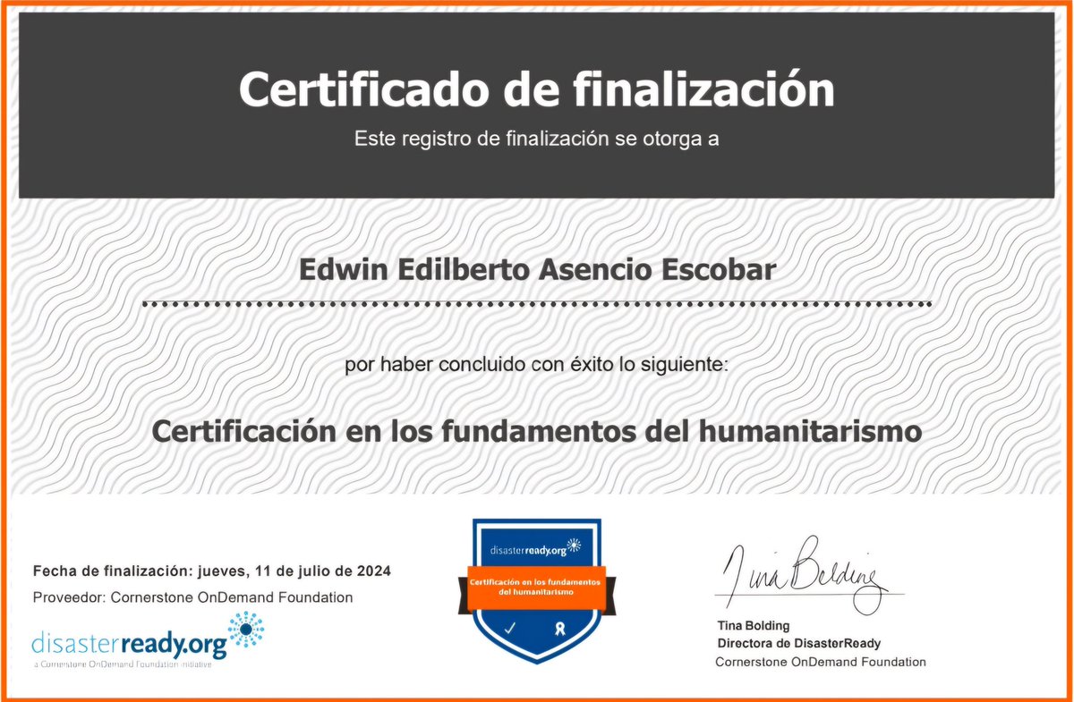 ¡Estoy emocionado de anunciar que estoy completando la Certificación en Fundamentos del Humanitarismo con <a href="/DisasterReady/">DisasterReady.org</a>! Fortalezco mis competencias y adquiero conocimientos clave para mi desarrollo profesional en conceptos humanitarios, seguridad y financiamiento.