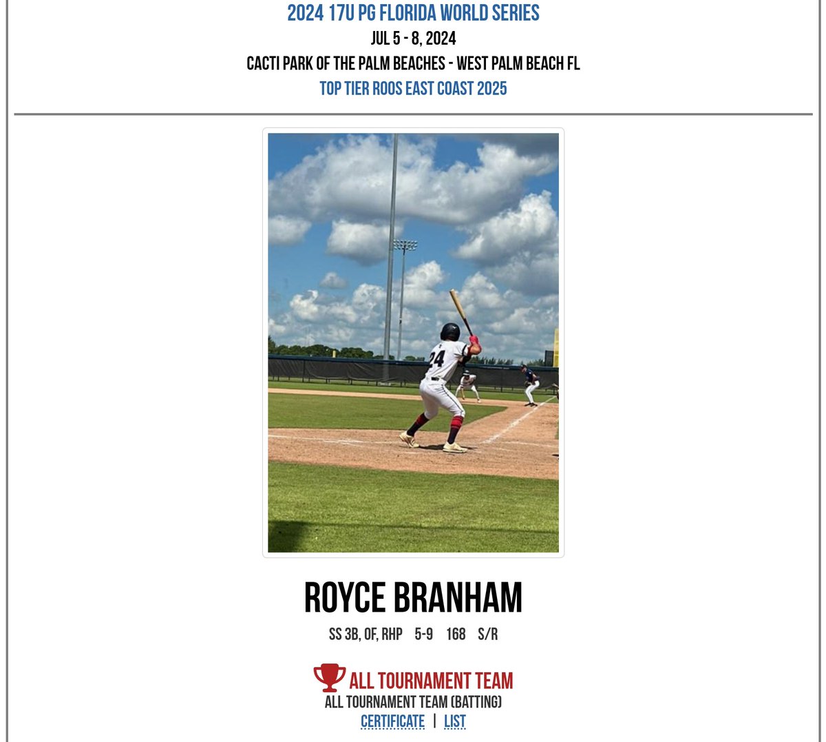 Travis Branham (@travisbran11933) on Twitter photo Congrats to Royce Branham(25') for making the All Tournament Team at the PG World Series in West Palm Beach. BA .333 for the weekend, 3 SB, and 4 runs, OPS of 1.048. <a href="/TTEC_Roos/">Roos East Coast</a> <a href="/geoff_kimmel/">Geoff Kimmel</a> <a href="/elite_national2/">Elite National</a> <a href="/Florida_PG/">Perfect Game Florida</a> <a href="/PG_Uncommitted/">PG_Uncommitted</a> @Bran27Royc36868 Congrats to Royce Branham(25') for making the All Tournament Team at the PG World Series in West Palm Beach. BA .333 for the weekend, 3 SB, and 4 runs, OPS of 1.048. <a href="/TTEC_Roos/">Roos East Coast</a> <a href="/geoff_kimmel/">Geoff Kimmel</a> <a href="/elite_national2/">Elite National</a> <a href="/Florida_PG/">Perfect Game Florida</a> <a href="/PG_Uncommitted/">PG_Uncommitted</a> @Bran27Royc36868