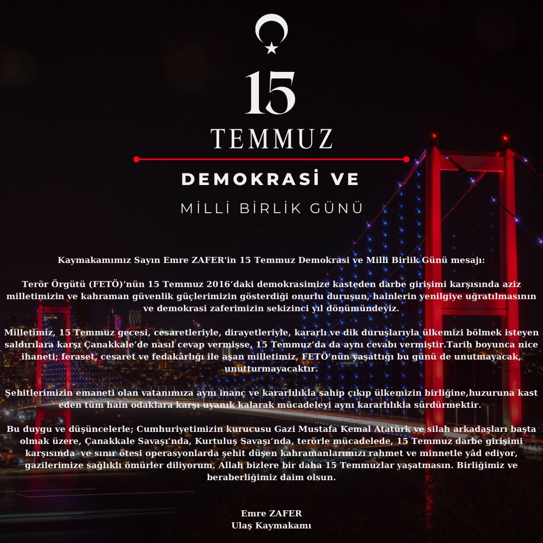 ulaskaymakamlik's tweet photo. Sayın Kaymakamımız Emre ZAFER’in 15 Temmuz Demokrasi ve Milli Birlik Günü Mesajı; https://t.co/QJQRsXzcxu