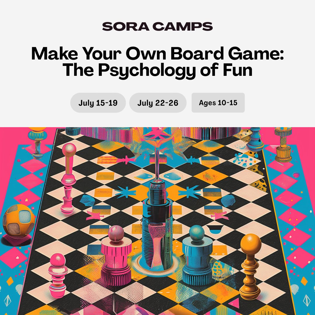 ♟️Does your 10-15 year old love board games?! 

Learn the art and science behind the most popular games and create your own masterpiece in our 5-day online camp.

➡️ Register now: soraschools.com/camps

#onlinecamp #summercamp #boardgames