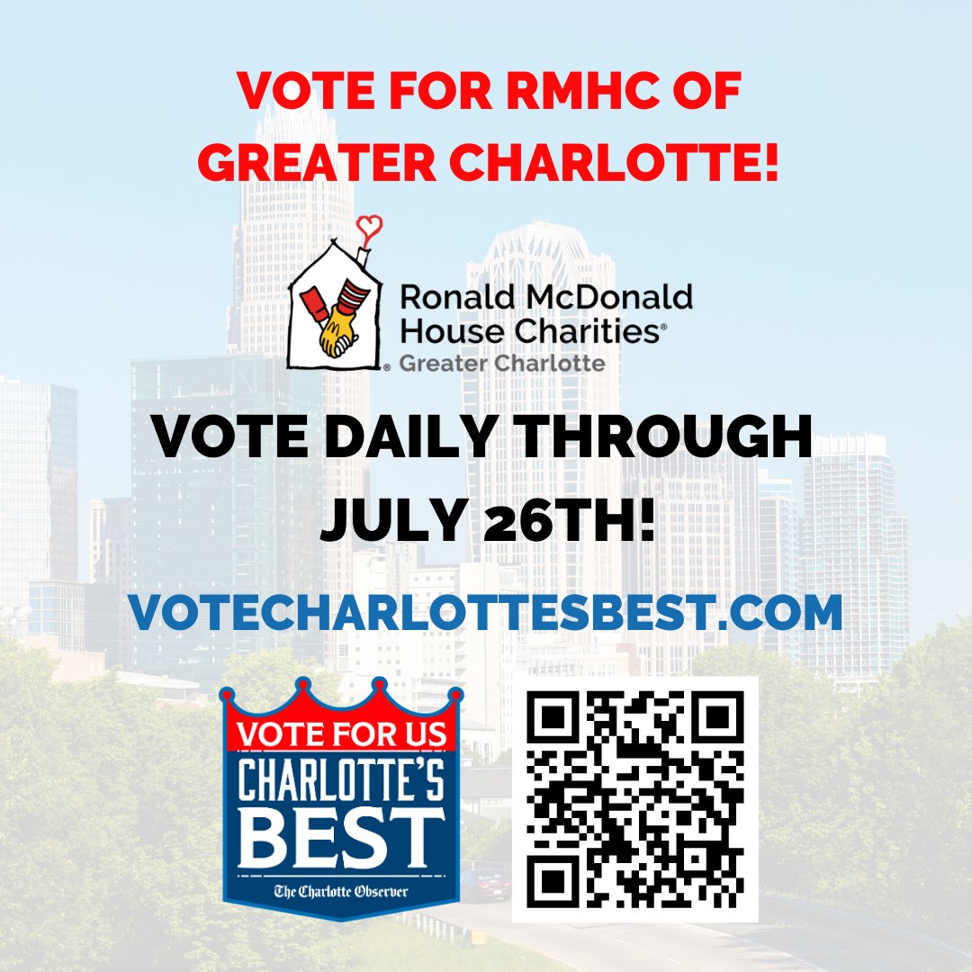 ✨ Help us make a difference in the lives of families with sick or injured children by voting for RMHC of Greater Charlotte as the "Best Non-Profit" and "Best Place to Work" in Charlotte's Best Awards 2024! You can vote daily at votecharlottesbest.com. 🏆 #RMHC #CharlotteNC