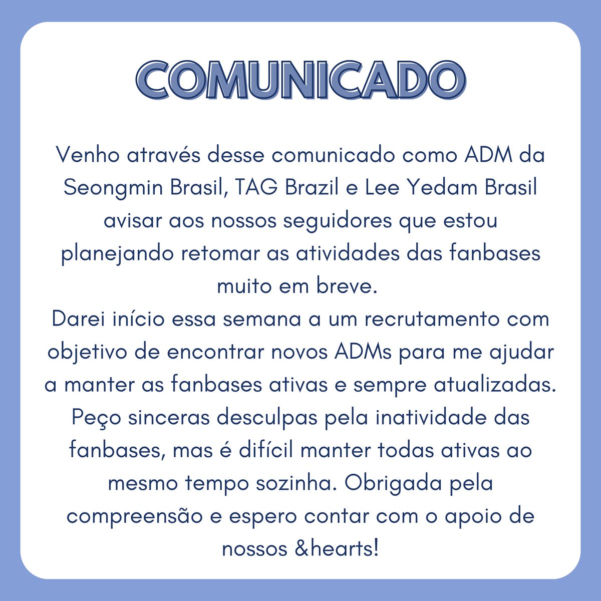 Olá &amp;HEARTs, peço que leiam com atenção nosso comunicado! 💙

#TAG #태그 #ONEPACT #원팩트