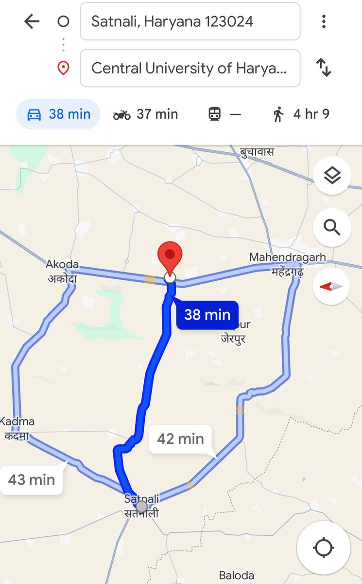 sachujangra's tweet photo. Google map @googlemaps के अनुसार यहाँ से गाड़ी के लिए रास्ता था, लेकिन असल में आगे करीब पहुंच कर कोई रास्ता नहीं था। कृपया इस गलती को सुधारें। ताकि किसी को परेशानी न हो...🙏 #WrongRoute #MapError 

Route - Satnali, Haryana to central University of Haryana (Mahendergarh) https://t.co/0azQGxKodk