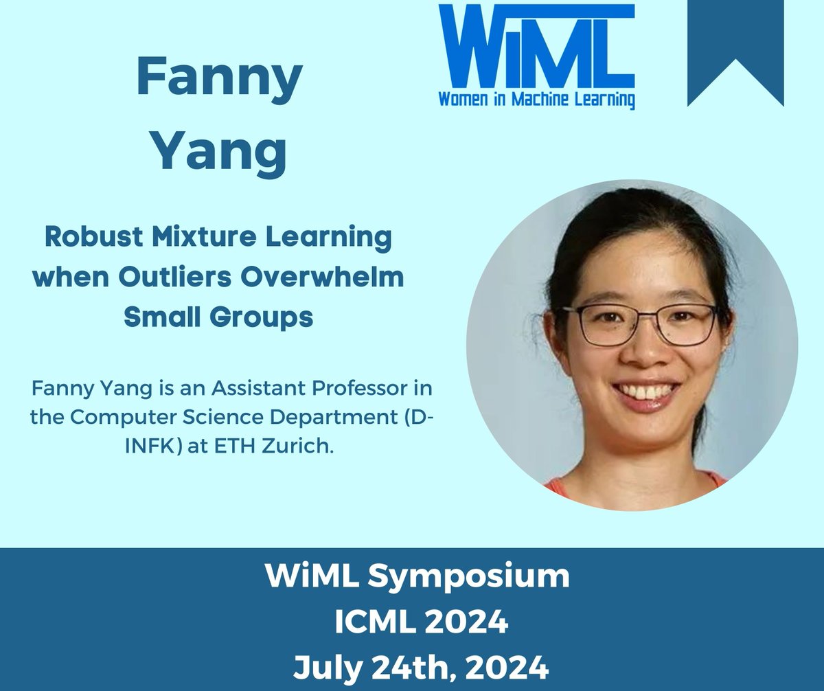 WiML (@wimlworkshop) on Twitter photo We are excited to introduce our invited speaker for WiML Symposium <a href="/icmlconf/">ICML Conference</a>,
Fanny Yang (<a href="/FannyYangETH/">Fanny Yang</a>)! She is an Assistant Professor in the Computer Science Department (D-INFK) at ETH Zurich.
Speaker profile: buff.ly/3W3iTUX
WiML Symposium: buff.ly/4cYndf0 We are excited to introduce our invited speaker for WiML Symposium <a href="/icmlconf/">ICML Conference</a>,
Fanny Yang (<a href="/FannyYangETH/">Fanny Yang</a>)! She is an Assistant Professor in the Computer Science Department (D-INFK) at ETH Zurich.
Speaker profile: buff.ly/3W3iTUX
WiML Symposium: buff.ly/4cYndf0