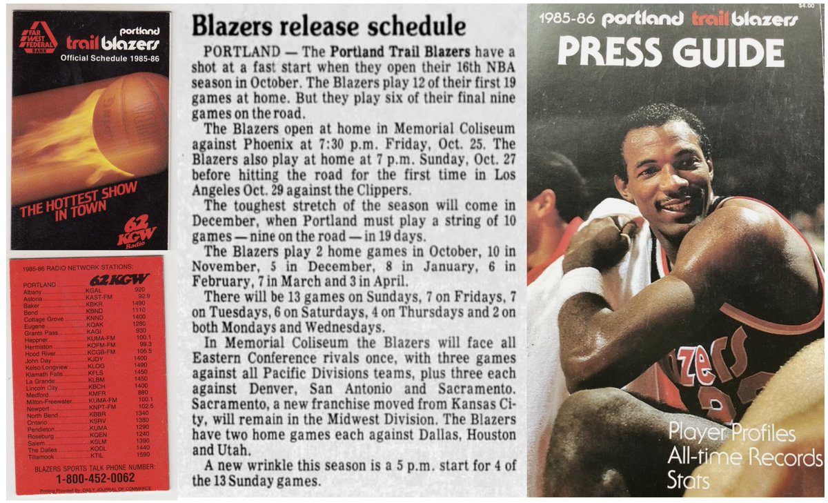 77Blazers's tweet photo. July 14 1985 - The @trailblazers announce their coming 1985/86 schedule.
Back in the day, not only did your local newspaper report it, but you could go to a local bank and get the pocket schedule. And if you were like me, you'd buy the new #MediaGuide when you went to the #Blazers game.
#RipCity #ThisDateinBlazersHistory